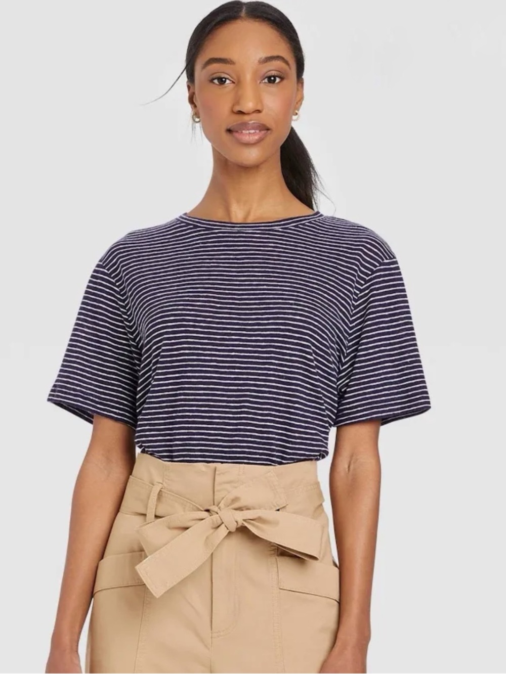 a new day Women’s Navy Blue White Stripe Linen Blend Short Sleeve Top